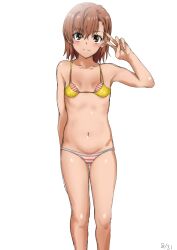 10s 1girls 2018 :3 arm_up bare_shoulders bikini blush breasts brown_eyes brown_hair collarbone dated feet_out_of_frame female hi_res looking_at_viewer matching_hair/eyes midriff misaka_mikoto navel short_hair small_breasts smile solo standing swimsuit teenage_girl teenager to_aru_kagaku_no_railgun to_aru_majutsu_no_index v white_background yoshidan young