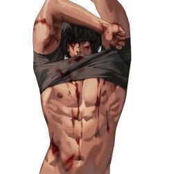 abs alternate_version_available arms_up bare_chest bare_midriff black_hair blood cuts fighter grin injury kengan_(series) kengan_ashura male male_only messy_hair nosebleed painting_(artwork) pecs shirt_in_mouth shirt_lift smile solo tan_skin tokita_ohma undressing wavy_hair woon0103 wounded