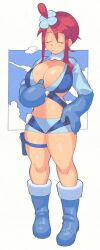 1girls boots breasts cleavage closed_eyes creatures_(company) exhausted female full_body game_freak gloves gym_leader inkuusan large_breasts leg_strap midriff_baring_shirt nintendo pokemon pokemon_bw ponytail red_hair shirt shorts sky skyla_(pokemon) sweat too_hot