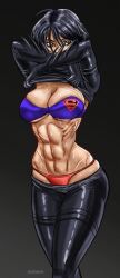 1girls abs asian asian_female batgirl batgirl_(cassandra_cain) batman_(series) bra cassandra_cain dc dc_comics female female_only fit fit_female light-skinned_female s_symbol scars solo superheroine superman_(series) symbol thong undressing