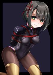 1girls absurd_res arms_behind_back ass blush bodysuit bondage bound bound_arms bound_wrists breasts brown_hair curvaceous curvy curvy_female curvy_figure eyebrows_visible_through_hair female female_only femsub green_eyes highres hourglass_figure latex medium_breasts miyabi_(xenoblade) nintendo noir_au_laut red_ribbon red_rope ribbon rope rope_bondage scared segiri_(xenoblade)_(cosplay) short_hair skin_tight skinsuit skintight skintight_bodysuit submissive submissive_female thick_thighs thighhighs thighs voluptuous worried xenoblade_(series) xenoblade_chronicles_3 yellow_thighhighs