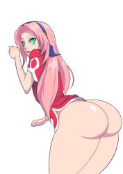 1girls ass bare_ass bare_legs bare_thighs big_ass bottom_heavy bottomless bubble_ass bubble_butt female female_only from_behind green_eyes hairband kunoichi looking_at_viewer looking_back naruto naruto_(classic) naruto_(series) ninja no_panties no_underwear petite pink_hair pinup presenting presenting_ass presenting_hindquarters round_ass sakura_haruno shirt short_sleeves staxkun thick_thighs young younger_female