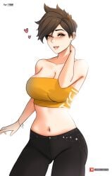 1girls belly belly_button blizzard_entertainment clothed clothing female female_only jeans light-skinned_female light_skin looking_at_viewer myst overwatch smile smiling soft_shading solo solo_female tracer yhw