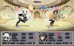 2girls battle black_hair chained_cuffs colosseum eyebrows_visible_through_hair g_(pigmasteroink) gameplay_mechanics health_bar hi_res high_quality holding_penis holding_weapon juztplay long_hair long_white_hair mage multiple_girls naked naked_female no_nipples no_nipples_visible no_pussy no_vagina nude nude_female numbers one_eye_closed open_mouth panda panda_ears panda_girl rachel_(xirtedak) rock_paper_scissors short_black_hair short_hair slashing swinging_weapon text trpg white_hair