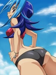 awa bikini blue_hair female kamishiro_rio looking_at_viewer looking_back red_eyes rio_kamishiro yu-gi-oh! yu-gi-oh!_zexal