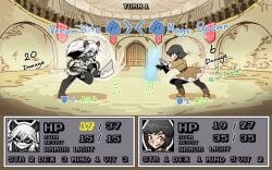 2girls attacking battle black_hair casting_spell chained_cuffs colosseum eyebrows_visible_through_hair g_(pigmasteroink) gameplay_mechanics health_bar hi_res high_quality holding_penis holding_weapon juztplay long_hair long_white_hair mage magic numbers open_mouth panda panda_ears panda_girl rachel_(xirtedak) rock_paper_scissors short_black_hair short_hair slashing swinging_weapon text trpg white_hair