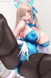 asuna_(blue_archive) asuna_(bunny)_(blue_archive) asuna_(bunny_girl)_(blue_archive) bare_shoulders black_pantyhose blonde_hair blue_archive blue_eyes blush bunny_ears bunny_girl bunnysuit cleavage female_only hair_over_one_eye huge_breasts large_breasts light_brown_hair long_hair mole_on_breast no_bra no_panties pantyhose playing_videogame rapa00pa solo_focus spread_legs thick_thighs thighband_pantyhose thighs white_gloves wide_hips