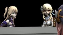 3d 3girls animated ass ass_focus big_ass big_breasts blonde_female blonde_hair bubble_ass bubble_butt burp burping clothed clothing contest diona_(genshin_impact) duo duo_focus eyelashes fart fart_contest female female_focus female_only fischl_(genshin_impact) funny genshin_impact lumine_(genshin_impact) shironekyun short_hair sound tight_clothing video yuri