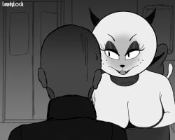 1boy 1girls 2021 anthro artist_name black_and_white black_ears black_eyebrows black_eyelashes black_nose bodily_fluids bow_(feature) breasts catober catober_2021 cleavage clothed clothing digital_media_(artwork) domestic_cat door dress duo eyebrows eyelashes fangs felid feline felis female freckles glistening glistening_eyelids hi_res human human_on_anthro imminent_sex inside interspecies leaning leaning_forward lewdylock looking_at_another male mammal mature_anthro mature_female monochrome mother_puss narrowed_eyes neck_bow nervous nervous_sweat open_mouth open_smile prick_ears smile suggestive suggestive_look sweat the_complex_adventures_of_eddie_puss tongue topwear white_body