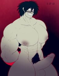 armpit_hair arms_behind_back arms_tied bags_under_eyes bara big_pecs big_penis black_hair bound completely_nude crazy_eyes creepy dark_nipples erection facial_tattoo gradient_background grey_skin grin huge_pecs kengan_(series) kengan_ashura looking_at_viewer male male_only male_pubic_hair meguro_masaki messy_hair muscular muscular_male nude pecs penis pubic_hair red_background restrained retracted_foreskin smile solo thick_penis thick_thighs toyomaddog uncensored yandere