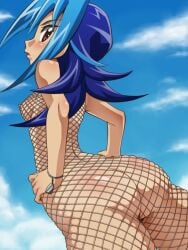 ass awa blue_hair female fishnets kamishiro_rio lingerie looking_at_viewer looking_back red_eyes rio_kamishiro yu-gi-oh! yu-gi-oh!_zexal