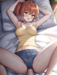 ai_generated armpits arms_up blush booty_shorts cfnm crop_top cum cum_in_pussy cum_inside denim_shorts female ginger ginger_hair green_eyes kasumi_(pokemon) laying_on_back laying_on_bed missionary_position mouth_open nai_diffusion pokemon pov pov_eye_contact sex short_shorts side_ponytail stable_diffusion sweat yellow_clothing