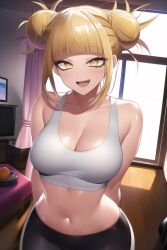 1girls ai_generated arms_behind_back bare_shoulders blonde_hair breasts cleavage crop_top double_bun fang female fully_clothed himiko_toga large_breasts leggings midriff my_hero_academia nai_diffusion navel open_mouth sportswear stable_diffusion yellow_eyes young younger_female