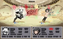 2girls battle black_hair chained_cuffs colosseum eyebrows_visible_through_hair g_(pigmasteroink) gameplay_mechanics health_bar hi_res high_quality holding_penis holding_weapon juztplay long_hair long_white_hair mage multiple_girls naked naked_female no_nipples no_nipples_visible no_pussy no_vagina nude nude_female numbers one_eye_closed open_mouth panda panda_ears panda_girl rachel_(xirtedak) rock_paper_scissors short_black_hair short_hair slashing swinging_weapon text torn_clothing torn_legwear torn_thighhighs trpg white_hair