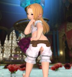 ass assless_pants blonde_hair blue_eyes blush easy_access female final_fantasy final_fantasy_xiv gpose(ffxiv) lalafell looking_back pointy_ears