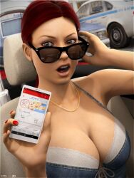 1girls breasts car cellphone clothing looking_over_eyewear looking_over_glasses looking_over_sunglasses sunglasses sydgrl3d tinted_eyewear