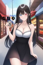 1girls ai_generated artist_self-insert blue_eyes cleavage dominant dominant_female dress emzie01 funemily1 heterochromia long_hair money nai_diffusion outside red_eyes shopping smirk stable_diffusion tagme walking watermark