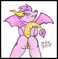 1girls ass blue_eyes dragon ember_(spyro) female female_only feral horns looking_back pussy reddragonkan smile solo spyro_the_dragon tail wings