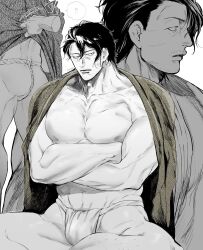 arashiyama_jurota bara bare_chest bulge clothes_lift crossed_arms disembodied_hand fundoshi haori japanese_clothes kengan_(series) kengan_omega kyowo_sukkesuke looking_at_viewer male male_only mature_male messy_hair monochrome multiple_views muscular muscular_male sitting solo_focus stubble thong