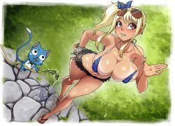 1animal 1girls anthro arched_back bare_arms bare_legs bare_shoulders big_breasts bikini bikini_pull bikini_top black_eyes blonde_hair blue_bikini blue_fur blue_swimsuit blush booty_shorts bracelet brown_eyes busty cleavage cuffs fairy_tail feet feline female flip_flops footwear furry hair_ribbon happy_(fairy_tail) height_difference hi_res highres jean_shorts jeans kawa-v large_breasts legs long_fingernails long_legs long_nails lucy_heartfilia male mammal micro_bikini minishorts nail_polish nature outdoors outside painted_nails ponytail pose posing ribbon sandals short_shorts shorts side_ponytail size_difference smile smiling standing straight sunglasses sunglasses_on_head sweat sweatdrop swimsuit tan tan_body tan_skin tanlines tanned tanned_skin thighs tied_hair toes voluptuous wide_hips