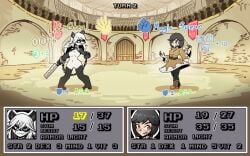 2girls battle black_hair chained_cuffs colosseum eyebrows_visible_through_hair g_(pigmasteroink) gameplay_mechanics health_bar hi_res high_quality holding_penis holding_weapon juztplay long_hair long_white_hair mage multiple_girls naked naked_female no_nipples no_nipples_visible no_pussy no_vagina nude nude_female numbers open_mouth panda panda_ears panda_girl rachel_(xirtedak) rock_paper_scissors short_black_hair short_hair text trpg white_hair