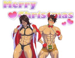 2boys abs blush bowtie brown_hair bulge christmas christmas_outfit circlet embarrassed facial_scar fingerless_gloves fur_trim gaolang_wongsawat gloves harness kengan_(series) kengan_ashura kengan_omega long_hair_male male male_only muscular muscular_male pecs reindeer_antlers reindeer_costume santa_costume shorts spiky_hair sweat tan_skin tied_hair yoroizuka_saw_paing