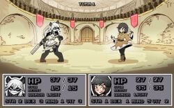 2girls battle black_hair chained_cuffs colosseum eyebrows_visible_through_hair g_(pigmasteroink) gameplay_mechanics health_bar hi_res high_quality holding_penis holding_weapon juztplay long_hair long_white_hair mage numbers open_mouth panda panda_ears panda_girl rachel_(xirtedak) short_black_hair short_hair text trpg white_hair