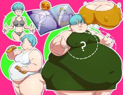 1girls bbw big_breasts blue_hair breasts bulma_briefs cookie_dough crying dragon_ball dragon_ball_z eating fat female ffa5 food large_breasts magazine nipple_bulge obese overweight sequence ssbbw weight_gain