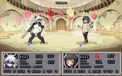 2girls battle black_hair chained_cuffs colosseum eyebrows_visible_through_hair g_(pigmasteroink) gameplay_mechanics health_bar hi_res high_quality holding_penis holding_weapon juztplay long_hair long_white_hair mage multiple_girls naked naked_female no_nipples no_nipples_visible no_pussy no_vagina nude nude_female numbers open_mouth panda panda_ears panda_girl rachel_(xirtedak) rock_paper_scissors short_black_hair short_hair text torn_clothing torn_legwear torn_thighhighs trpg white_hair