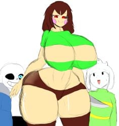 1girls 2boys 2d aged_up asriel asriel_dreemurr big_breasts big_butt bones brown_hair chara doctordrawnass female goat huge_breasts knife monster pupilless_eyes red_eyes sans skimpy_clothes tagme thighs undertale undertale_(series) video_games