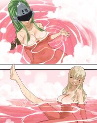 2girls ash_blonde_hair bath bathing big_breasts blonde_hair breasts closed_eyes colorized edens_zero gaston18 green_hair highres large_breasts mashima_hiro multiple_girls naked navel nude partially_submerged rebecca_bluegarden sitting smile steam submerged_legs visor_helmet water wet witch_regret