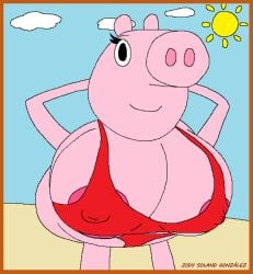 2022 anthro anthro_only areola areolae_visible_through_clothing ass beach beach_background big_areola big_ass big_breasts big_nipples breasts fat_nipples furry furry_only mammal meme microsoft_paint nipples nipples_visible_through_clothing peppa_pig peppa_pig_(character) pig pink_body pink_skin solandgamer75 watermark what