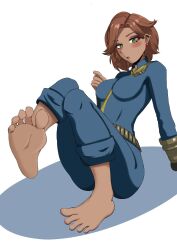 atomis barefoot bethesda_softworks brown_hair brown_skin clothed clothing computer dark_skin earings electronics fallout feet feet_up female green_eyes human jumpsuit noukan oc original_character pip-boy short_hair solo vault_suit wristwear