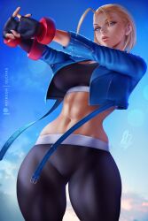 1girls abs alternate_version_available belly big_breasts black_legwear blonde_hair blue_eyes breasts cammy_white capcom female female_only fit fit_female fully_clothed looking_at_viewer olchas open_jacket scar short_hair solo sports_bra standing street_fighter street_fighter_6