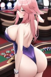 1girls ai_generated alternate_costume animal_ears ass backboob backless_outfit bare_shoulders blush breasts brown_eyes bubble_butt cameltoe casino_card_table female female_only fox_ears from_behind genshin_impact hair_ornament huge_ass large_breasts latex leotard long_hair nai_diffusion pink_hair shiny shiny_hair shiny_skin sideboob smile solo stable_diffusion thong thong_leotard very_long_hair yae_miko