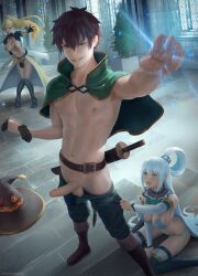 aqua_(konosuba) darkness_(konosuba) erect_penis erection kono_subarashii_sekai_ni_shukufuku_wo! magic male_focus panties pants_pull penis penis_out satou_kazuma sword tagme uncensored weapon zarory