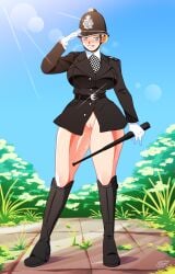 baton baton_(weapon) belt black_belt black_footwear black_tunic blonde_female blonde_hair blonde_hair_female blue_eyes blue_sky blush boots breasts british bush checkered_necktie chin_strap commission commissioner_upload custodian_helmet epaulettes facing_viewer female glint gloves grass hair_bun hat helmet highres holding holding_weapon huge_breasts lens_flare necktie nightstick no_pants nude open_mouth original police police_hat police_uniform policewoman portrait pussy riding_boots rinvakk salute shirt short_hair sky smile smiling sunlight sweat thick_thighs thighs tunic uniform united_kingdom vagina venus_symbol weapon white_gloves white_shirt