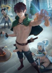 aqua_(konosuba) aqua_hair blonde_hair blue_hair breasts brown_hair brunette darkness_(konosuba) erect_penis erection kono_subarashii_sekai_ni_shukufuku_wo! light_blue_hair magic male_focus nipples panties pants_pull penis penis_out pussy satou_kazuma sword tagme uncensored weapon zarory