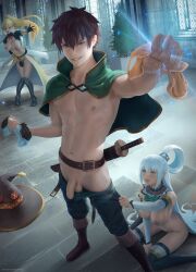 aqua_(konosuba) breasts darkness_(konosuba) flaccid kono_subarashii_sekai_ni_shukufuku_wo! magic male_focus nipples panties pants_pull penis penis_out pussy satou_kazuma sword tagme uncensored weapon zarory