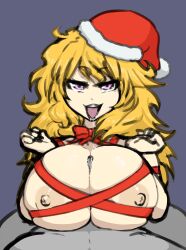 1boy 1girls areola areolae blonde_hair breasts christmas christmas_clothing christmas_outfit cleavage drool drooling erection female grey_skin huge_breasts human humanoid large_breasts long_hair looking_at_viewer male male_pov messy_hair nipples paizuri partial_male pink_eyes pov pov_eye_contact ribbon rwby santa_hat seductive seductive_eyes seductive_look seductive_smile shaved_crotch smiling straight tongue tongue_out toony xelsword yang_xiao_long