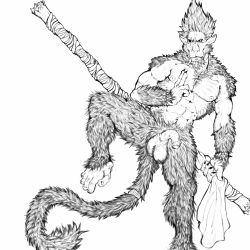 anthro baboon balls beard big_balls facial_hair genitals haplorhine hi_res humanoid_genitalia humanoid_penis khajiitkun male mammal monk monkey monkey_boy monkey_feet mudra navel nipples nude old_world_monkey penis prehensile_feet primate solo