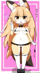 alternate_species amber_eyes anthro bikini blonde_hair blush blush_stickers bottomless bottomwear bow_tie bra breasts canid canine chest_tuft clothed clothing emanata ezo_red_fox ezo_red_fox_(kemono_friends) female footwear fox full-length_portrait fur furrification genitals gesture gloves hair handwear heart hi_res holding_clothing holding_object holding_panties holding_underwear japanese_text kemono kemono_friends legwear long_hair mammal micro_bikini mihihusuzu miniskirt open_mouth open_smile panties pink_background portrait pussy red_fox shadow shirt_collar shoes simple_background skirt smile solo standing stockings swimwear text tuft underwear v_sign white_body white_fur yellow_body yellow_fur