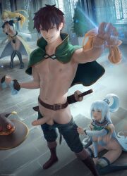 1boy 2girls aqua_(konosuba) darkness_(konosuba) erect_penis erection functionally_nude_female kono_subarashii_sekai_ni_shukufuku_wo! magic male_focus panties pants_pull penis penis_out pussy running_bond satou_kazuma sword tagme uncensored weapon zarory