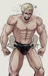 abs angry bghonda black_sclera blonde_hair breath bulge clenched_hands clenched_teeth disembodied_hands fighter gym_shorts kengan_(series) kengan_ashura kure_raian male male_only muscular muscular_male pants_pull pecs scars shorts solo_focus sweat topless topless_male veiny_muscles