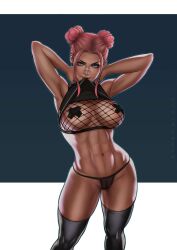 1girls abs arms_behind_head big_breasts breasts bubble_(dandon_fuga) cleavage dandon_fuga dark-skinned_female dark_skin female female_only fishnet_top large_breasts looking_at_viewer muscular muscular_female original original_character pasties pink_hair shirt_in_mouth solo tagme thighhighs thong