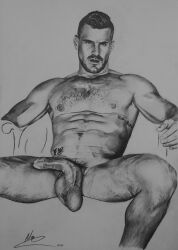 black_and_white boner erect_penis erection gay_pornstar hard_on landon_conrad looking_at_viewer low_hanging_balls low_hanging_testicles male male_nude_neil male_only muscles muscular muscular_male porn_star real_person sketch spread_legs tattoos uncolored