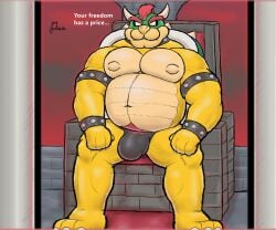 alanottaviano anthro barazoku belly bondage bowser bulge detailed_bulge fur hi_res koopa male male_only mario_(series) musclegut muscular muscular_male nintendo overweight overweight_male scalie solo video_games yellow_body yellow_fur