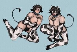 2boys big_pecs black_panties bulge clone collar cow_boy cow_ears cow_horns cow_print cow_print_armwear cow_print_thighhighs cow_tail cowbell facial_tattoo full_body gloves hayami_masaki hooves kemonomimi kengan_(series) kengan_ashura kengan_omega kneeling looking_at_viewer loutortue male male_only meguro_masaki moobs muscular muscular_male panties sitting smile thighhighs tongue_out topless topless_male