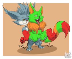 3_toes anal anal_sex anthro ass ball_tuft balls big_ears big_tail black_nose blue_body blue_fur butt_grab chest_tuft claws clenched_teeth countershading duo erection fangs feet fennephilim_fox foreskin from_behind_position fur genitals green_body green_fur grin hair hand_on_butt hands_behind_back holding_partner laurence_sevastoff_laurent league_of_legends looking_at_another looking_at_partner looking_down male male/male male_penetrated male_penetrating markings multicolored_body multicolored_fur nails onomatopoeia open_mouth orange_body orange_eyes orange_fur penetration penis pink_nose red_body red_fur retracted_foreskin riot_games rumble_(lol) scarf sex simple_background smile sound_effects spiky_hair spread_legs spreading standing standing_sex striped_markings striped_tail stripes tail_markings teeth text toe_curl toes tongue tongue_out tuft video_games white_body white_fur yellow_sclera yordle