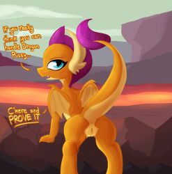 2022 absurd_res anthro anus ass biped dialogue digital_drawing_(artwork) digital_media_(artwork) dragon dragon_land english_text female friendship_is_magic genitals hasbro hi_res huge_filesize inviting looking_at_viewer looking_back looking_back_at_viewer my_little_pony nude orange_body orange_scales presenting presenting_pussy pupils pussy raised_tail scales scalie slit_pupils smolder_(mlp) solo talking_to_viewer teal_eyes text tjpones wings